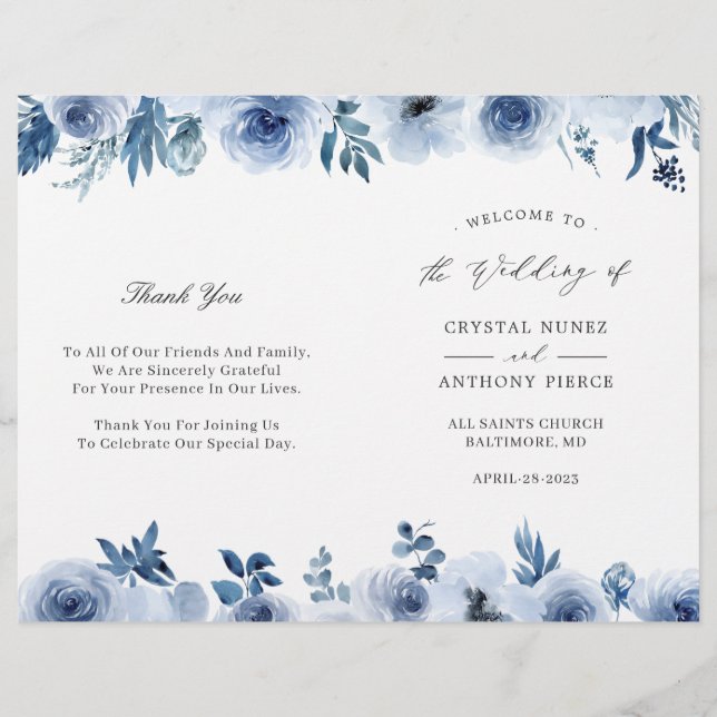 Dusty Blue Floral DIY Folded Wedding Program (Vorderseite)