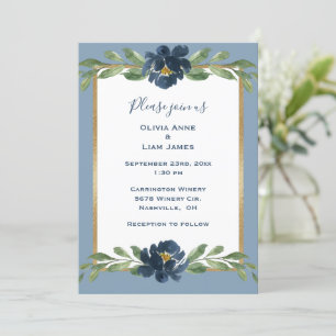 Dusty Blue Floral Elegant Floral Gold Hochzeit Einladung