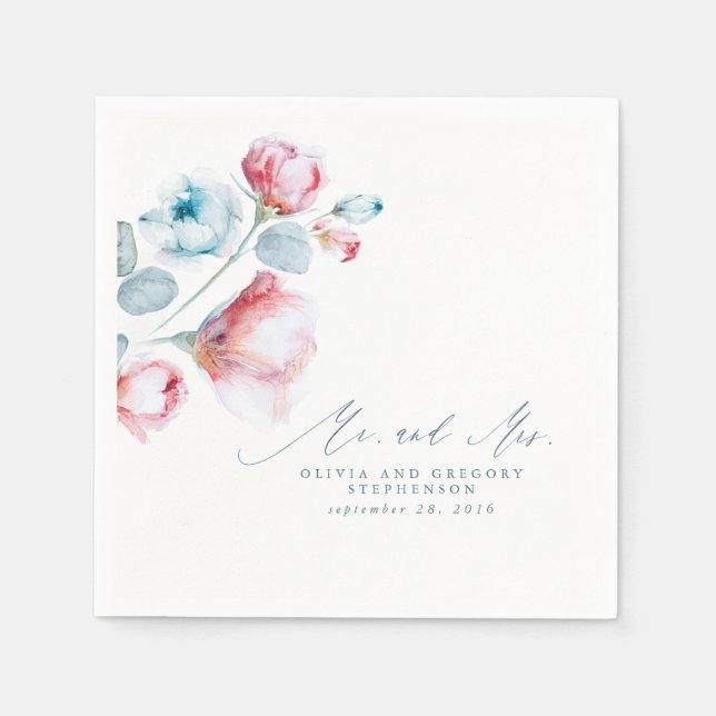 Dusty Blue Floral Elegant Mr. and Mrs. Wedding Serviette (Vorderseite)