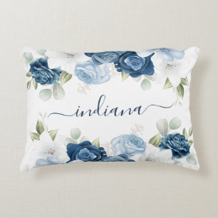 Dusty Blue Floral Elegant Script Monogram Dekokissen