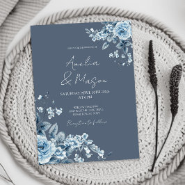 Dusty Blue Floral Elegant Script Wedding Einladung