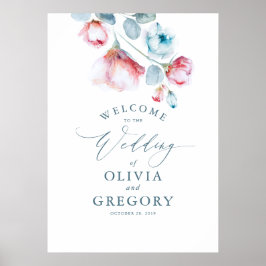 Dusty Blue Floral Elegante Hochzeit Begrüßungszeic Poster
