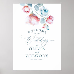 Dusty Blue Floral Elegante Hochzeit Begrüßungszeic Poster