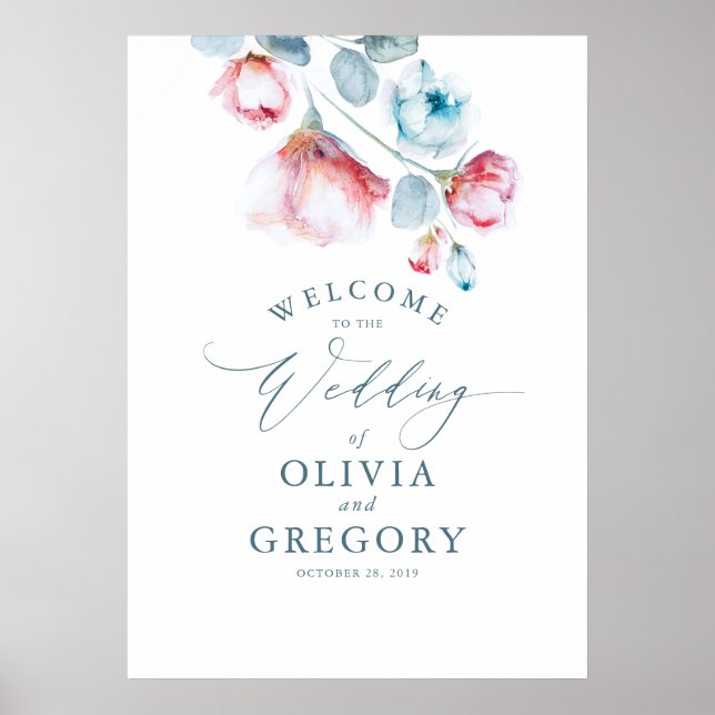 Dusty Blue Floral Elegante Hochzeit Begrüßungszeic Poster (Vorne)