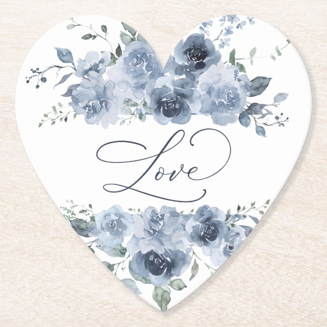 Dusty Blue Floral Elegantes Brautparty Liebe Untersetzer (Vorderseite)