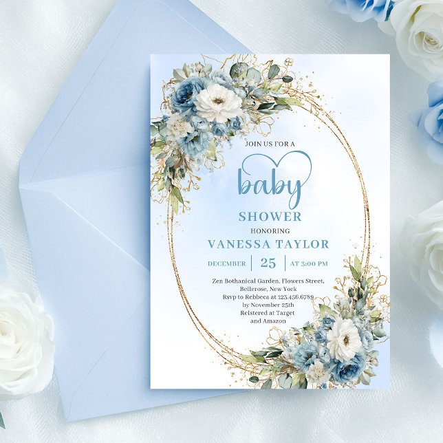 Dusty Blue Floral Eucalyptus Gold Script Baby Show Einladung (Dusty Blue Floral Eucalyptus Gold Script Baby Shower

)