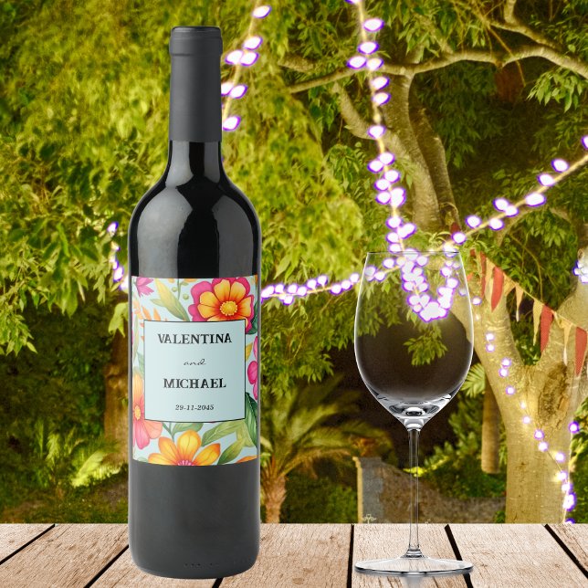 Dusty Blue Floral Fiesta Mexican Wedding Weinetikett (Von Creator hochgeladen)