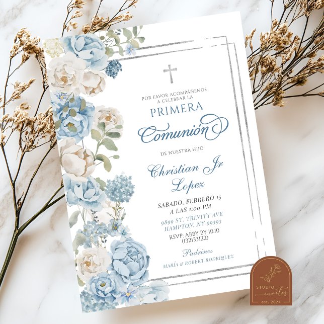 Dusty Blue Floral First Holy Communion I Einladung (Von Creator hochgeladen)