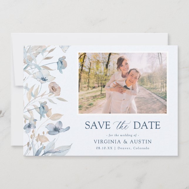 Dusty Blue Floral Foto Save The Date (Vorderseite)