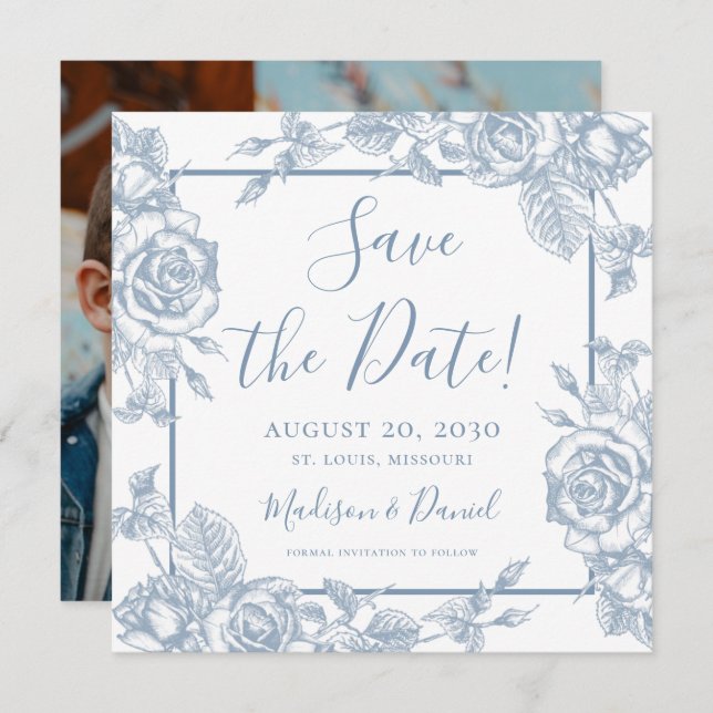 Dusty Blue Floral Foto Save the Date Einladung (Vorne/Hinten)