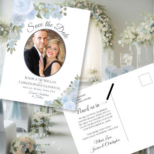 Dusty Blue Floral & Foto Wedding Save the Date Ankündigungspostkarte