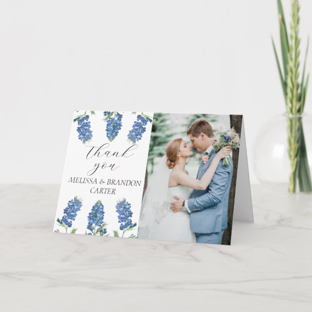 Dusty Blue Floral Foto Wedding Vielen Dank Dankeskarte (Vorderseite)