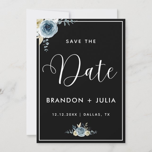 Dusty Blue Floral Frame Moderne Elegante Schwarz-w Save The Date (Vorderseite)