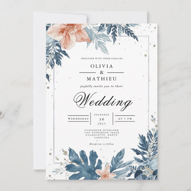 Dusty Blue Floral Frame Wedding Einladung (Vorderseite)