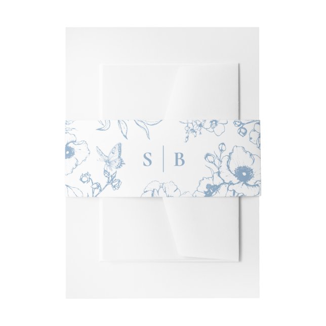 Dusty Blue Floral Garden Monogram Wedding Einladungsbanderole (Vorderseite Beispiel)