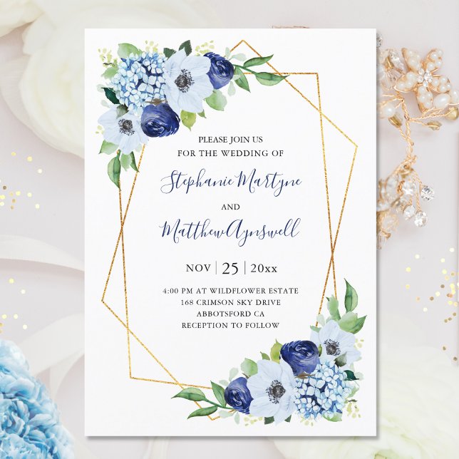 Dusty Blue Floral Geometric Wedding Einladung (Von Creator hochgeladen)