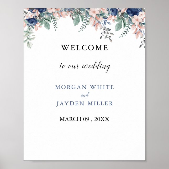 Dusty Blue Floral Geometric Wedding Welcome Poster (Vorne)