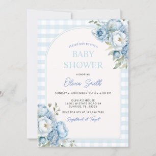 Dusty Blue Floral Gingham Baby Shower Einladung