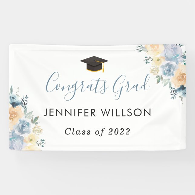 Dusty Blue Floral Glückwunschs Grad Graduation Par Banner (Horizontal)