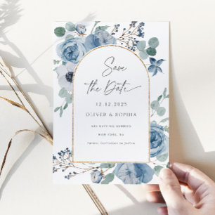 Dusty blue floral gold arch Save the date Einladung