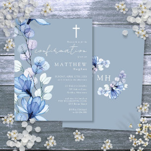 Dusty Blue Floral Gold Bestätigung Einladung Postkarte