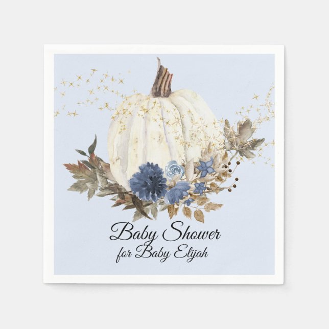 Dusty Blue Floral Gold Fall Pumpkin Baby Dusche Serviette (Vorderseite)