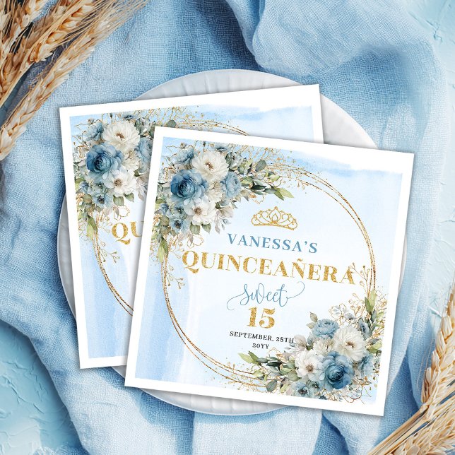 Dusty Blue Floral Gold Frame 15th Birthday Napkins Serviette (Dusty Blue Floral Gold Frame 15th Birthday Napkins)