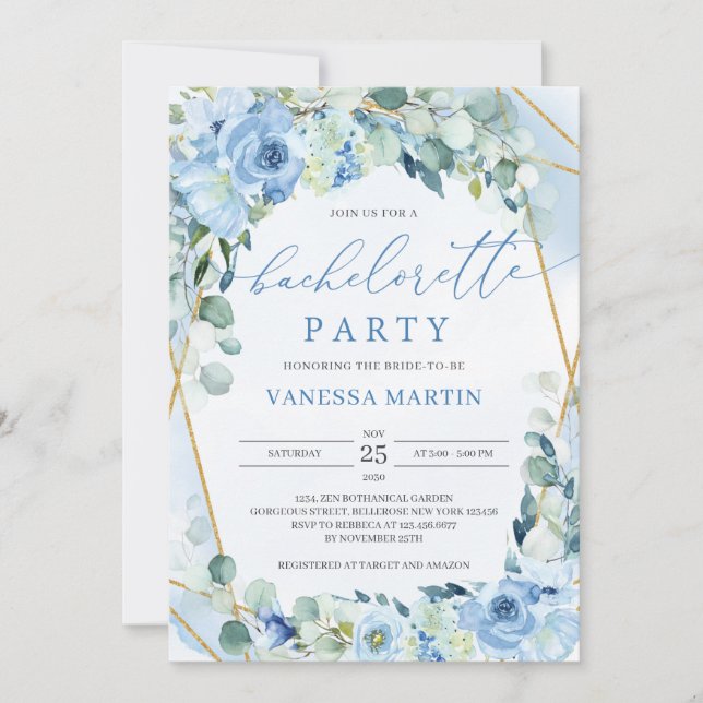 Dusty Blue Floral Gold Geometric Bachelorette Einladung (Vorderseite)