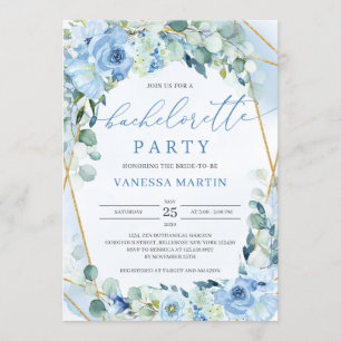 Dusty Blue Floral Gold Geometric Bachelorette Einladung