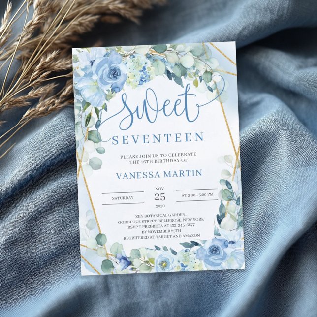 Dusty Blue Floral Gold Geometric Sweet siebzehn Einladung (Dusty Blue Floral Gold Geometric Sweet seventeen Invitation)