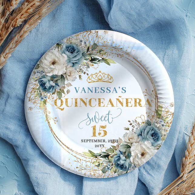 Dusty Blue Floral Gold Glitter Custom Quince Plate Pappteller (Dusty Blue Floral Gold Glitter Custom Quince Plates)