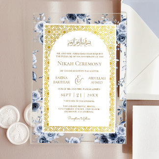 Dusty Blue Floral Gold Muster muslimische Hochzeit Acryleinladungen