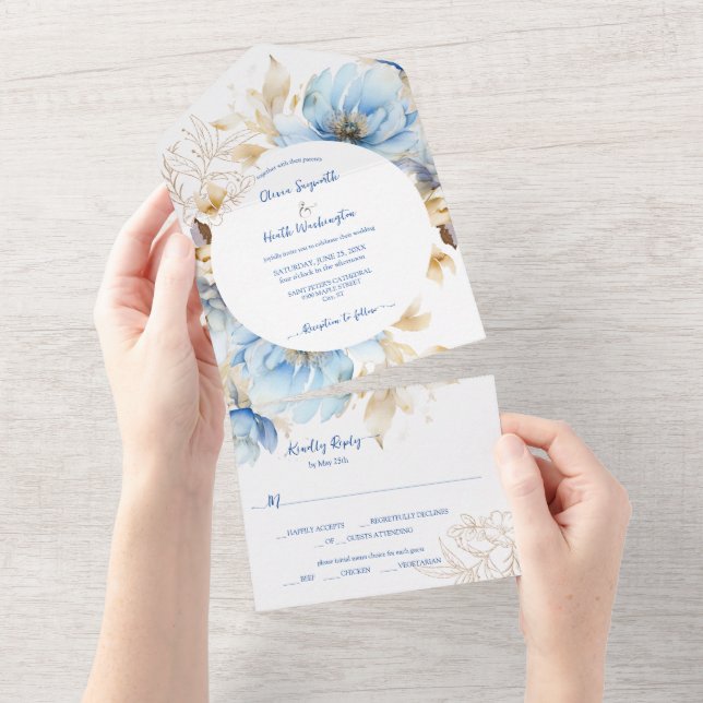Dusty Blue Floral Gold Wedding All In One Einladung (Abreißen)