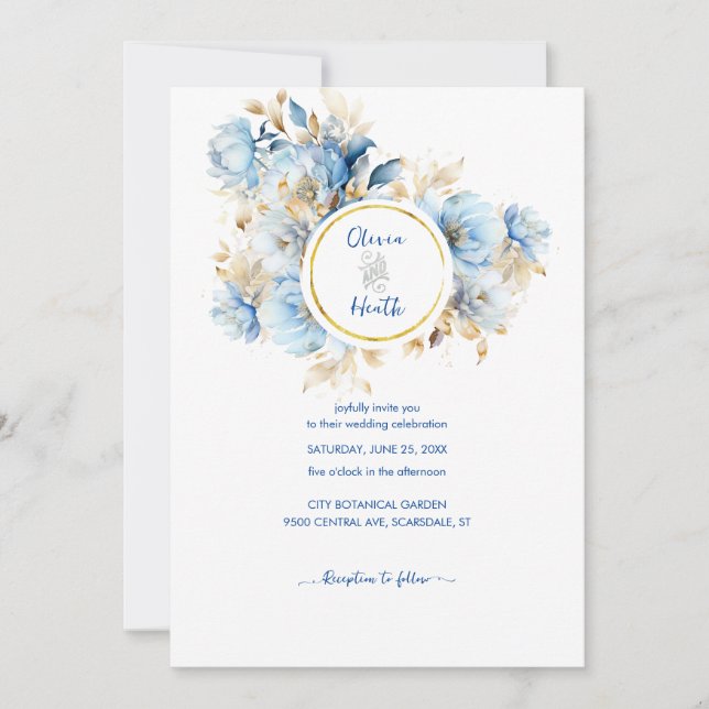 Dusty Blue Floral Gold Wedding Einladung (Vorderseite)