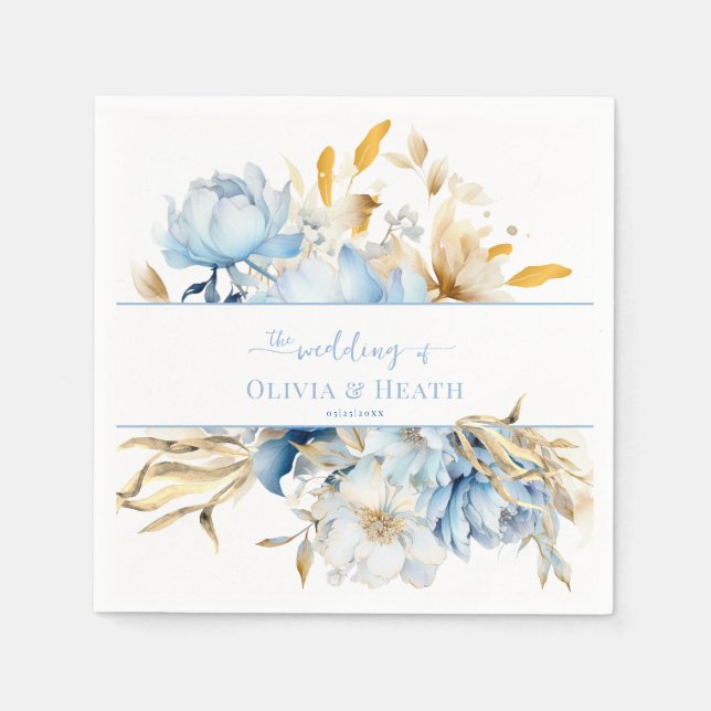 Dusty Blue Floral Gold Wedding Serviette (Vorderseite)