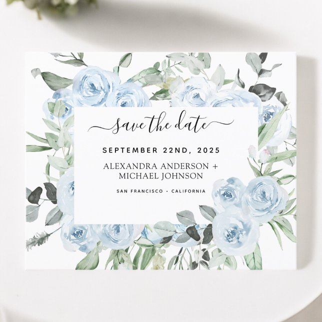 Dusty Blue Floral Greenerie Save the Date Invitati (Von Creator hochgeladen)