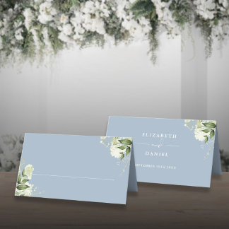 Dusty Blue Floral Greenerity Hochzeit geklappt Platzkarte