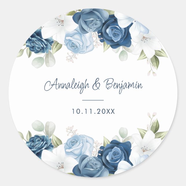 Dusty Blue Floral Greenerity Script Wedding Runder Aufkleber (Vorderseite)