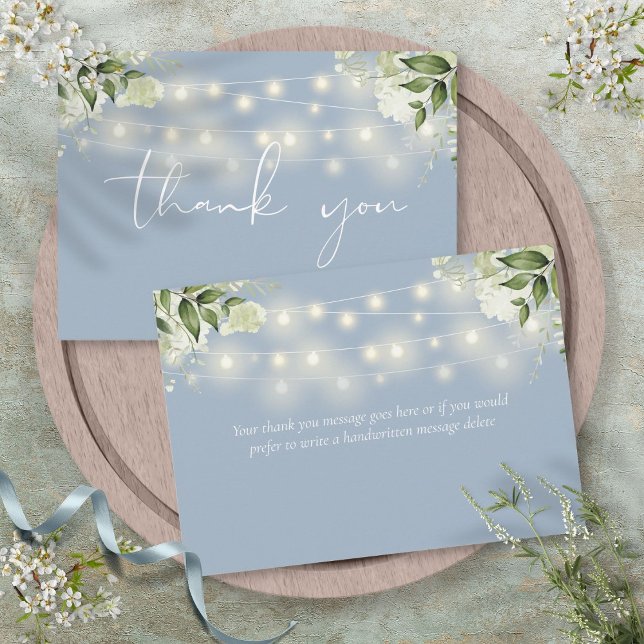 Dusty Blue Floral Greenerity String Lights Dankeskarte (Dusty Blue Floral Greenery String Lights Thank You Card)