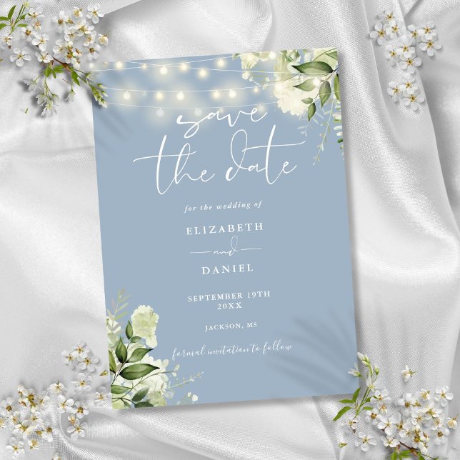 Dusty Blue Floral Greenerity String Lights Wedding Save The Date (Dusty Blue Floral Greenery String Lights Wedding Save The Date)