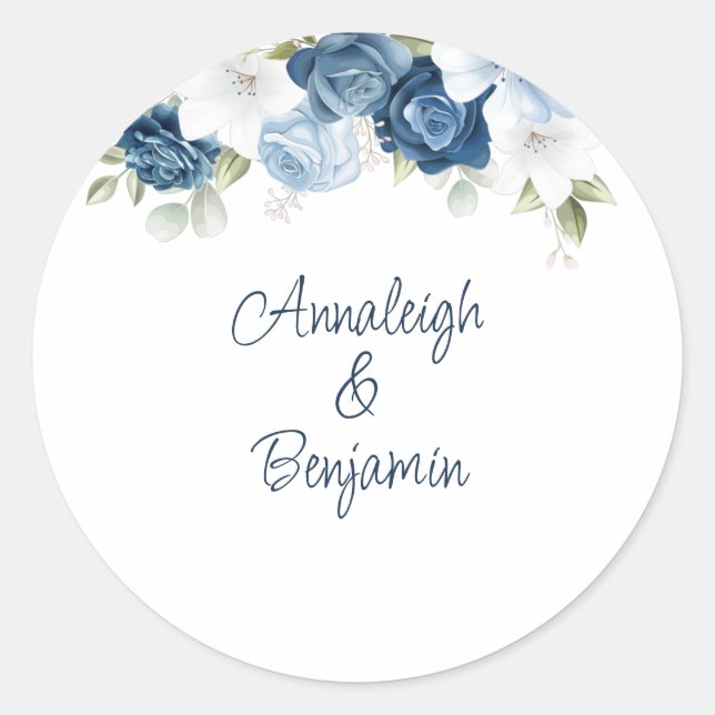 Dusty Blue Floral Greenerity Wedding Custom Runder Aufkleber (Vorderseite)