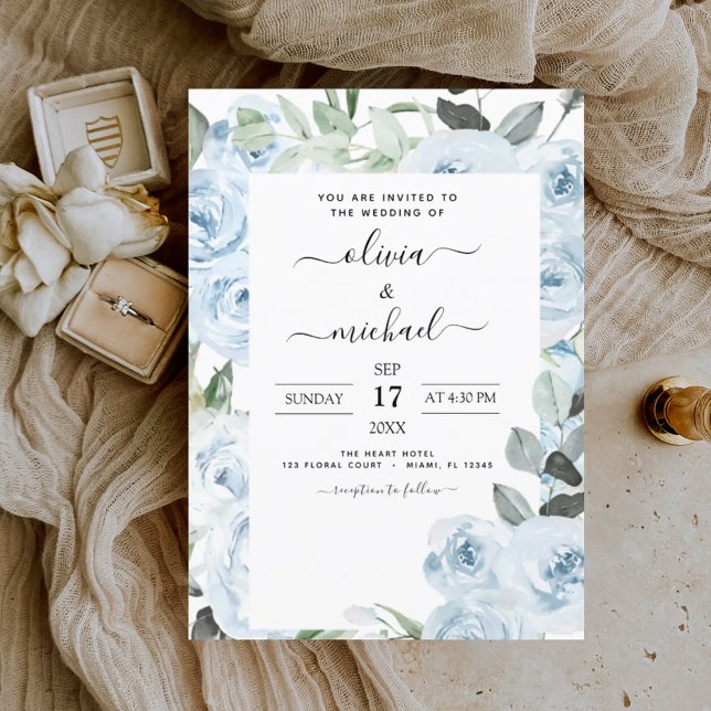 Dusty Blue Floral Greenerity Wedding Einladung (Von Creator hochgeladen)