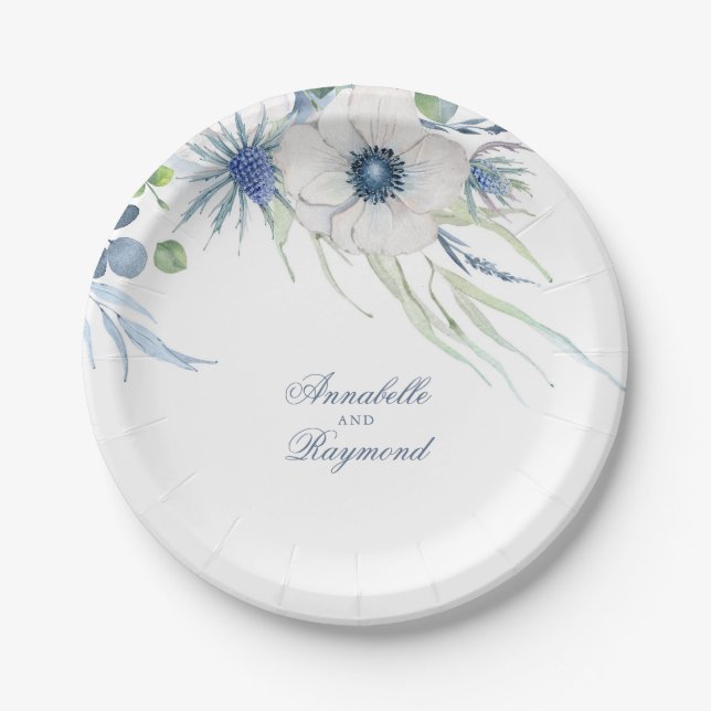 Dusty Blue Floral Greenerity Wedding Pappteller (Vorderseite)
