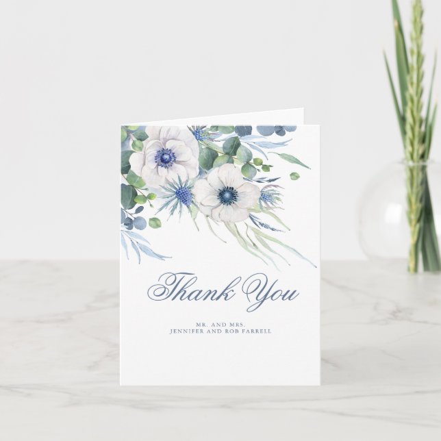 Dusty Blue Floral Greenerity Wedding Vielen Dank Dankeskarte (Vorderseite)