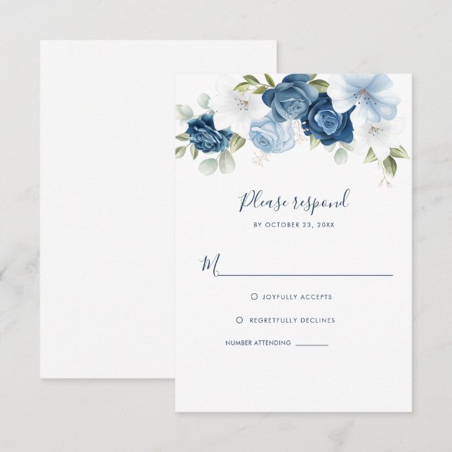 Dusty Blue Floral Greenery Botanische Schrift RSVP Karte (Vorne/Hinten)