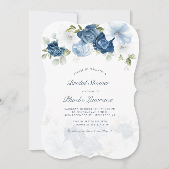 Dusty Blue Floral Greenery Botanisches Brautparty Einladung (Vorderseite)