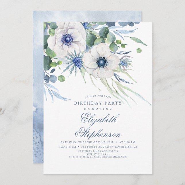 Dusty Blue Floral Greenery Elegant Geburtstag Einladung (Vorne/Hinten)