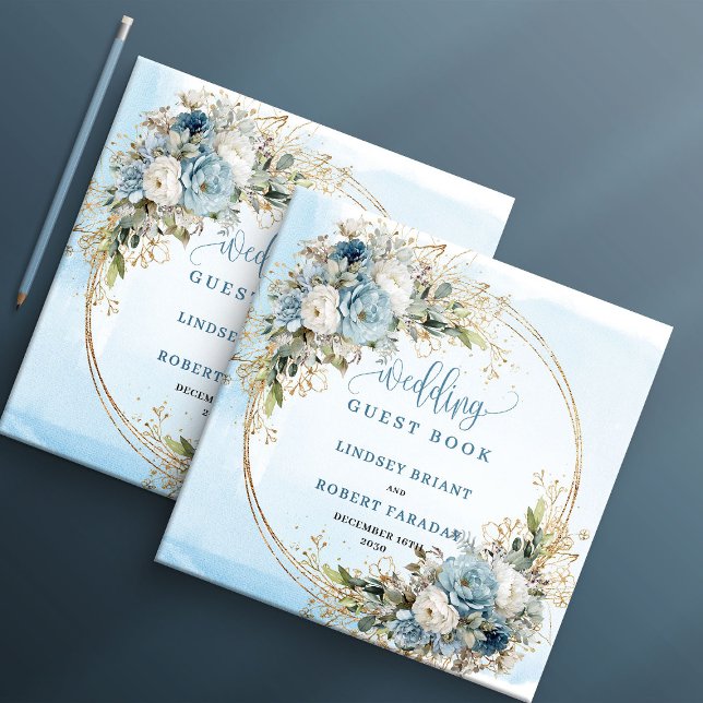 Dusty Blue Floral Greenery Gold Glitter Wedding  Gästebuch (Dusty Blue Floral Greenery Gold Glitter Wedding Book

)