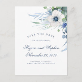 Dusty Blue Floral Greenery Modern Save the Date Ankündigungspostkarte