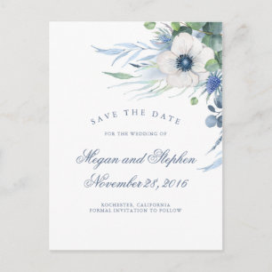 Dusty Blue Floral Greenery Modern Save the Date Ankündigungspostkarte